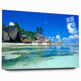 Acrylic glass print of a serene Seychelles landscape in soft blue and green tones, suitable for bedroom or dining room decor.