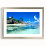 Extra large wall art featuring an abstract depiction of the Seychelles landscape in textured silver hues, framed with a mat.