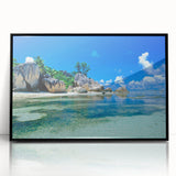 Large abstract wall art depicting a serene Seychelles landscape in muted blues and greens on a framed acrylic.
