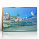 Framed acrylic print of a Seychelles scenery with vibrant blue and green tones, ideal for modern art wall decor.