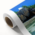 Art Deco style poster of Seychelles scenery on rolled canvas, with vibrant beach and ocean colors.