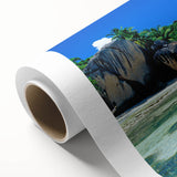 Art Deco style poster of Seychelles scenery on rolled canvas, with vibrant beach and ocean colors.