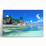 Monochrome Seychelles landscape on large stretched canvas, ideal for kitchen wall art.