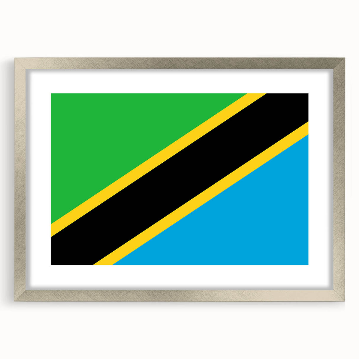 Textured art print of a Tanzanian landscape in muted earth tones, framed in silver, suitable for bedroom decor.