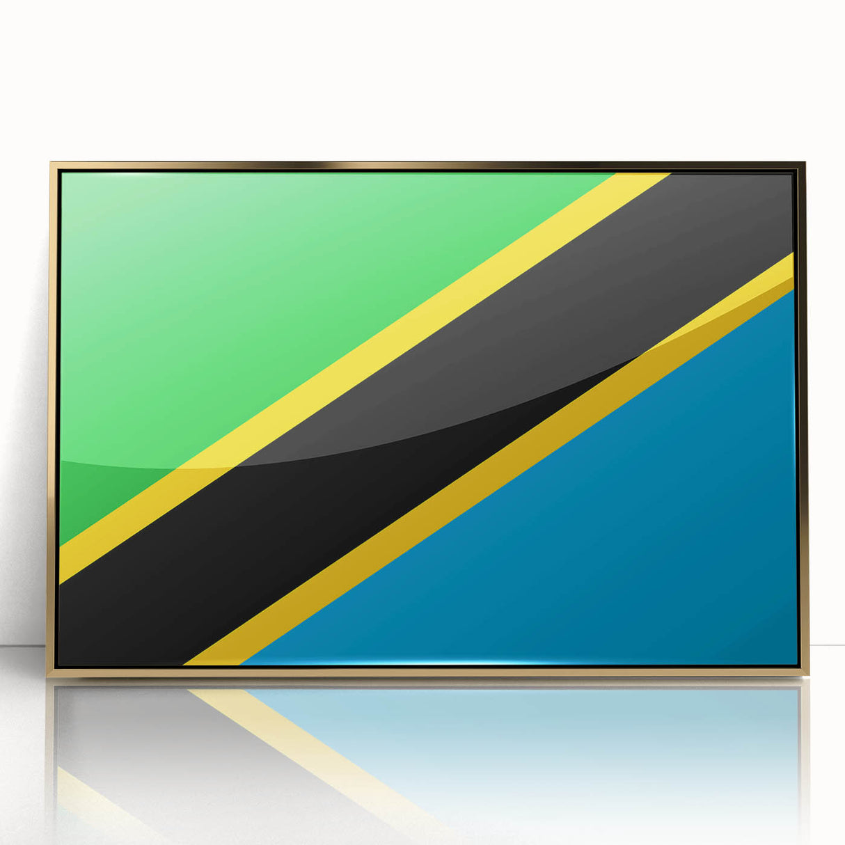 Acrylic print of Tanzanian scenery with golden frame, featuring mid-century modernist style, suitable for nursery wall decor.