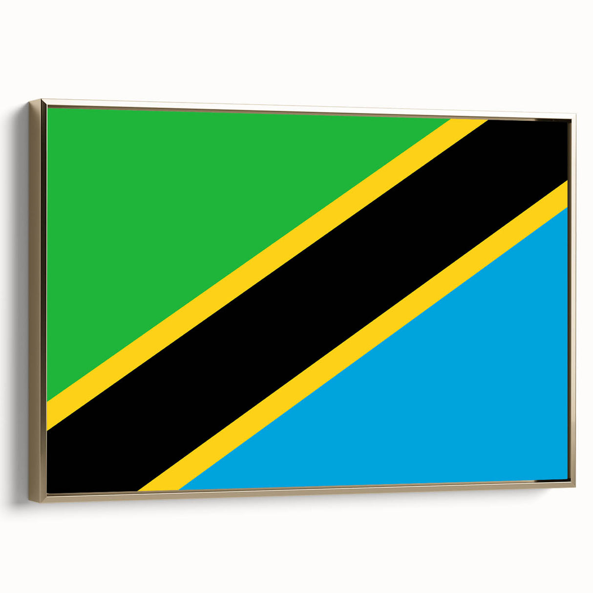 Framed canvas depicting a Tanzanian landscape with gold and black tones, suitable for bedroom decor.