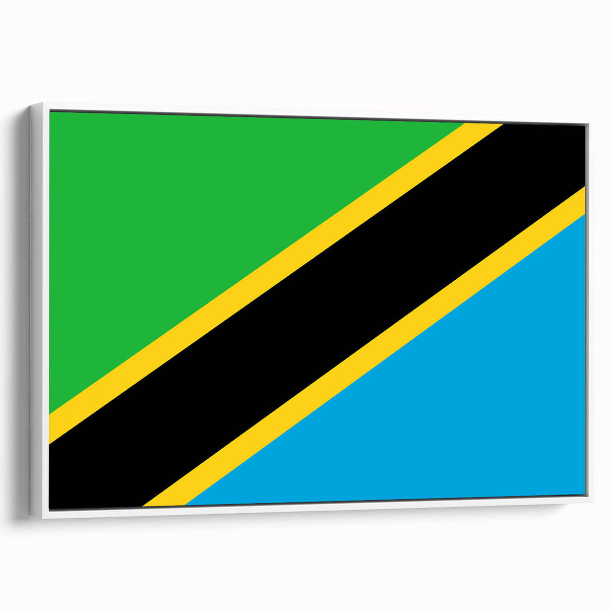 Vintage poster art of Tanzania scenery on framed canvas, featuring colorful art with black accents.