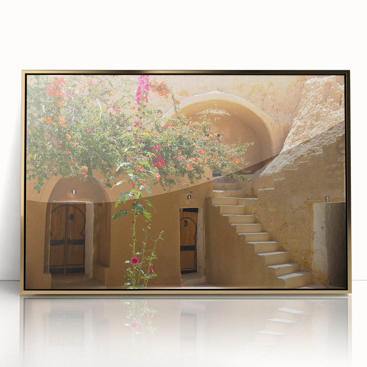 Large art print of a Tunisian landscape in gold and earth tones on framed acrylic, suitable for modern art wall decor.