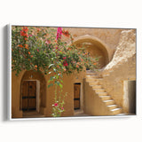 Vintage poster art of a Tunisian landscape on framed canvas, featuring vibrant colors, ideal for living room decor.