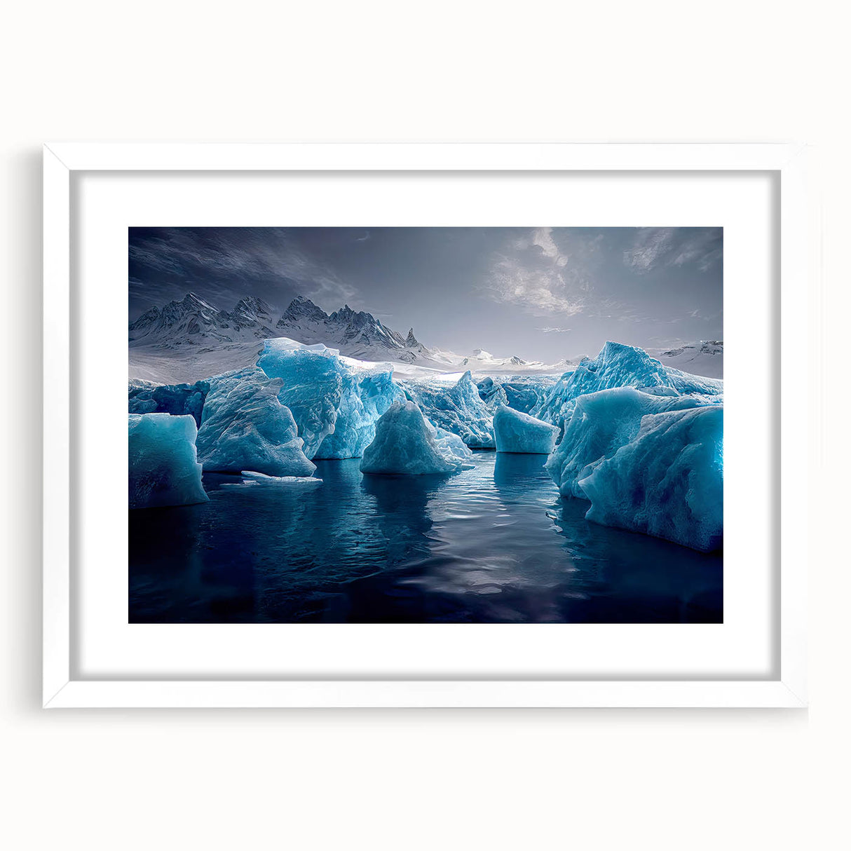 Abstract art print of Antarctic scenery in muted blue and white tones, framed with a white mat, ideal for dining room decor.