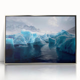 Mid-century modernist art depicting an Antarctic landscape in muted blue and white tones, framed acrylic.