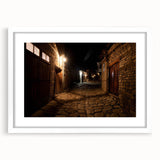 Abstract art print depicting a serene Asian landscape in muted green and blue tones, framed with a white mat.