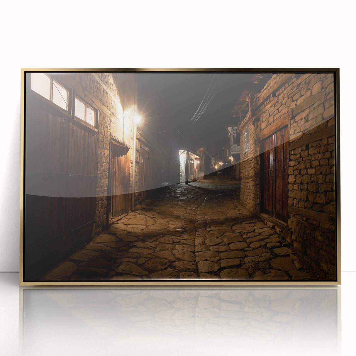 Framed acrylic print of an Asian landscape in gold and green tones, ideal for modern art wall decor.
