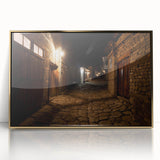 Framed acrylic print of an Asian landscape in gold and green tones, ideal for modern art wall decor.