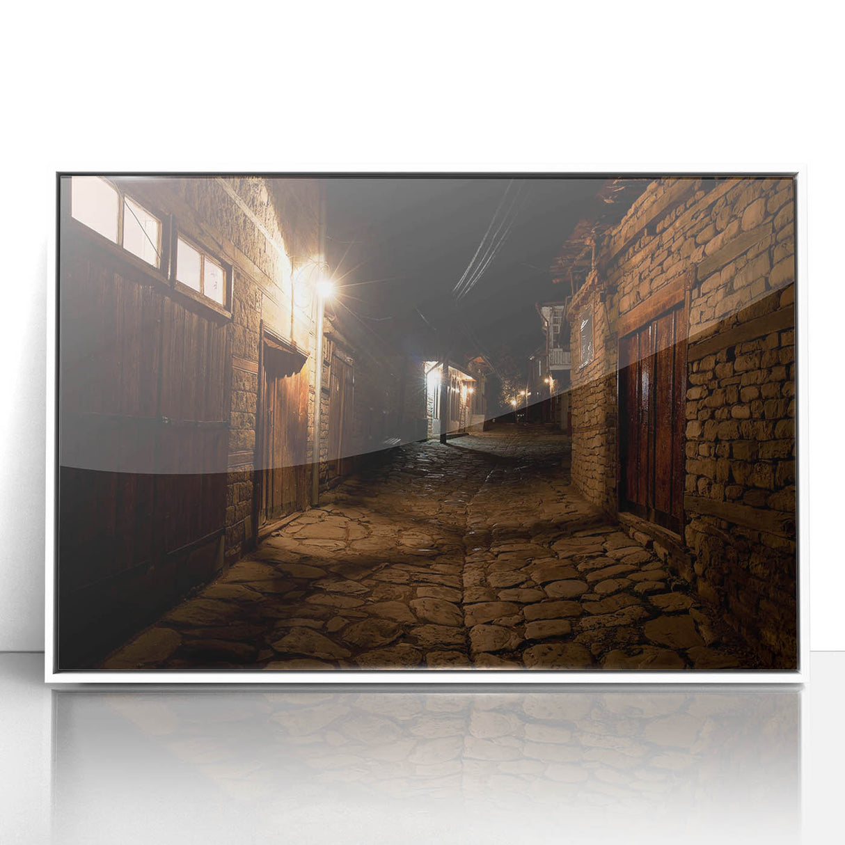 Framed acrylic print of an art deco style poster featuring a scenic Azerbaijani landscape, with muted earth tones.