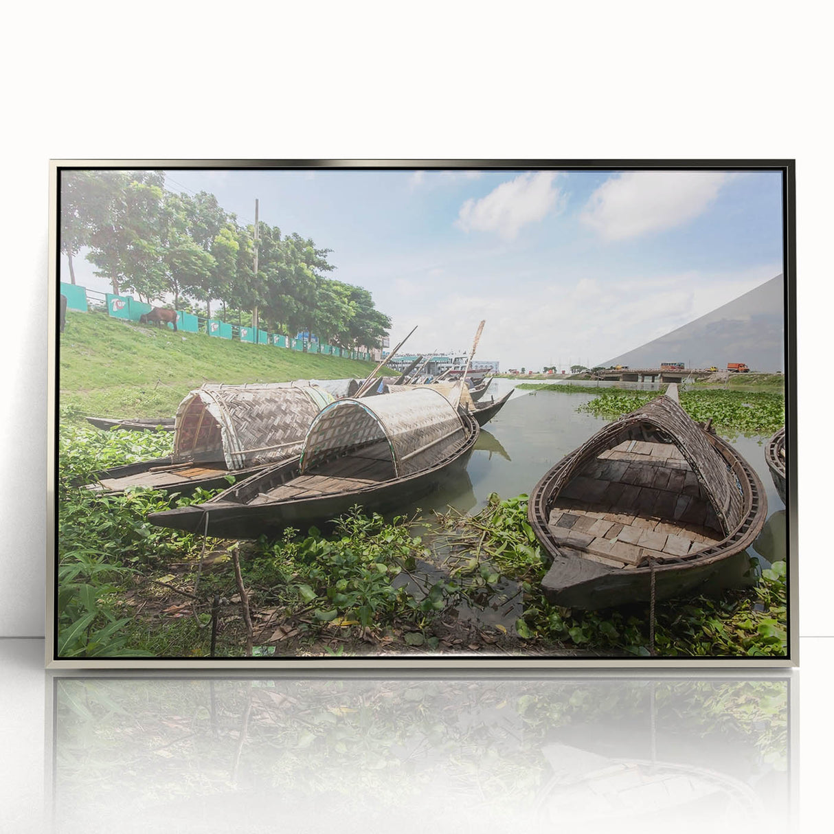 Mid-century modernist art depicting a serene Bangladesh landscape in muted green and brown tones.