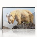 Mid-century modernist art depicting a serene Bhutanese landscape in muted earth tones on a framed acrylic print.