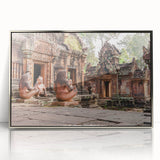 Mid-century modernist art of a Cambodian landscape in muted earth tones on a silver-framed acrylic print.