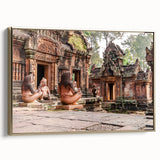 Framed canvas wall art depicting a vintage-style Cambodian landscape in gold and black tones, ideal for bedroom decor.