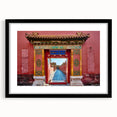 Abstract art print of a colorful Beijing cityscape with textured strokes on a large framed canvas.