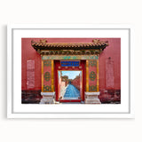 Abstract art print of Beijing scenery in muted earth tones on a framed white mat, ideal for dining room decor.