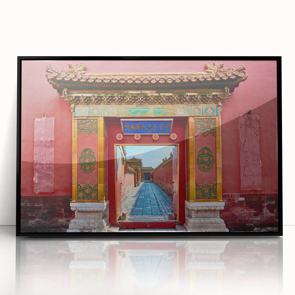 Large abstract wall art depicting Beijing's skyline in muted gray and blue tones on framed acrylic.