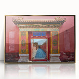 Mid-century modernist acrylic print of Beijing scenery in gold frame, ideal for modern art wall decor.