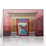 Art deco poster of Beijing skyline in muted grays and blues, acrylic print framed in white.