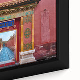 Vintage poster art of Beijing scenery in vibrant colors on framed canvas, ideal for living room decor.