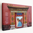Large wall art on stretched canvas depicting a serene Beijing cityscape in muted gray and blue tones.