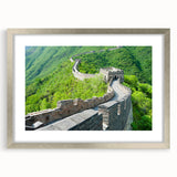Textured art print of the Great Wall of China in muted earth tones, framed in silver, suitable for bedroom decor.