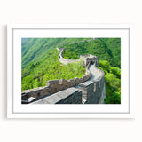 Abstract art print of the Great Wall of China in muted earth tones on a framed white mat, suitable for dining room decor.