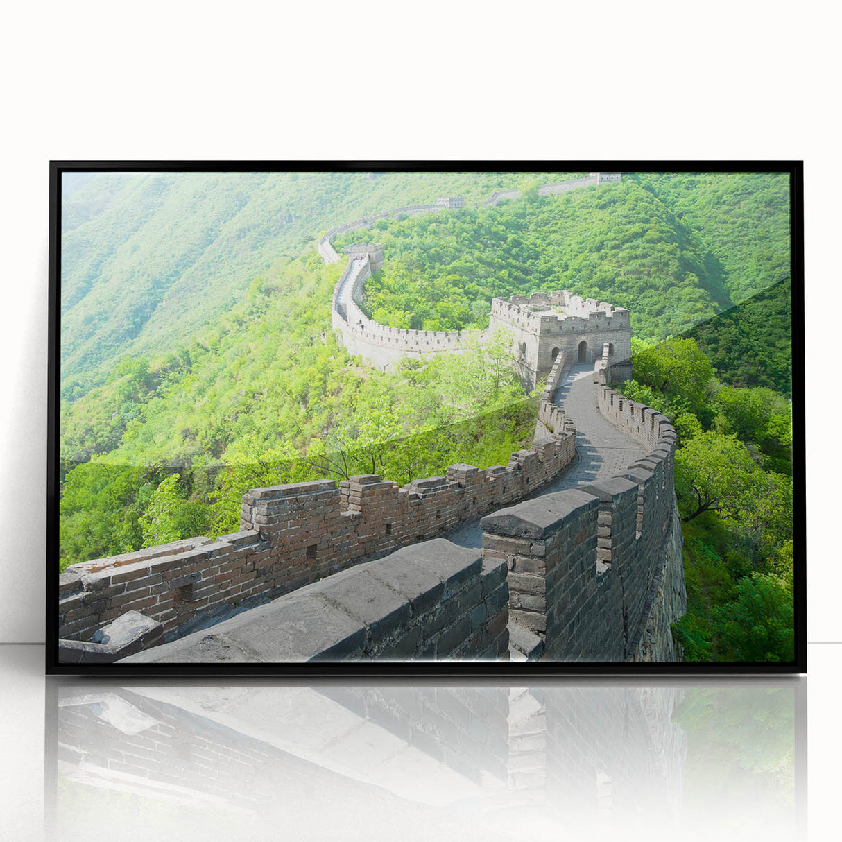 Large abstract wall art of the Great Wall of China in black and gray tones on a framed acrylic.