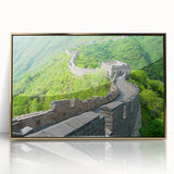 Acrylic print of the Great Wall of China in muted earth tones, framed in gold, suitable for modern art wall decor.