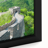Close-up of extra large black wall art featuring a textured depiction of the Great Wall of China on framed canvas.