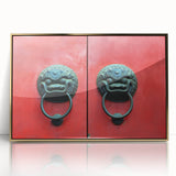 Acrylic print of Shanghai skyline in gold and muted tones, framed, mid-century modernist style.