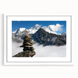 Abstract art print of Tibetan landscape in muted blues and greens on a framed white canvas, ideal for dining room decor.