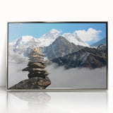 Mid-century modernist art depicting a serene Tibetan landscape in muted earth tones, framed in silver acrylic.