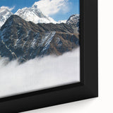 Extra large framed canvas of a textured Tibetan landscape in black with colorful accents, ideal for living room decor.