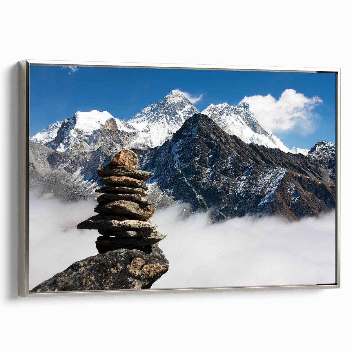 Framed canvas landscape art painting depicting a serene Tibetan scene in vibrant colors.
