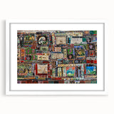 Abstract art print of a vibrant, colorful Georgian landscape on a white-framed mat, ideal for dining room decor.