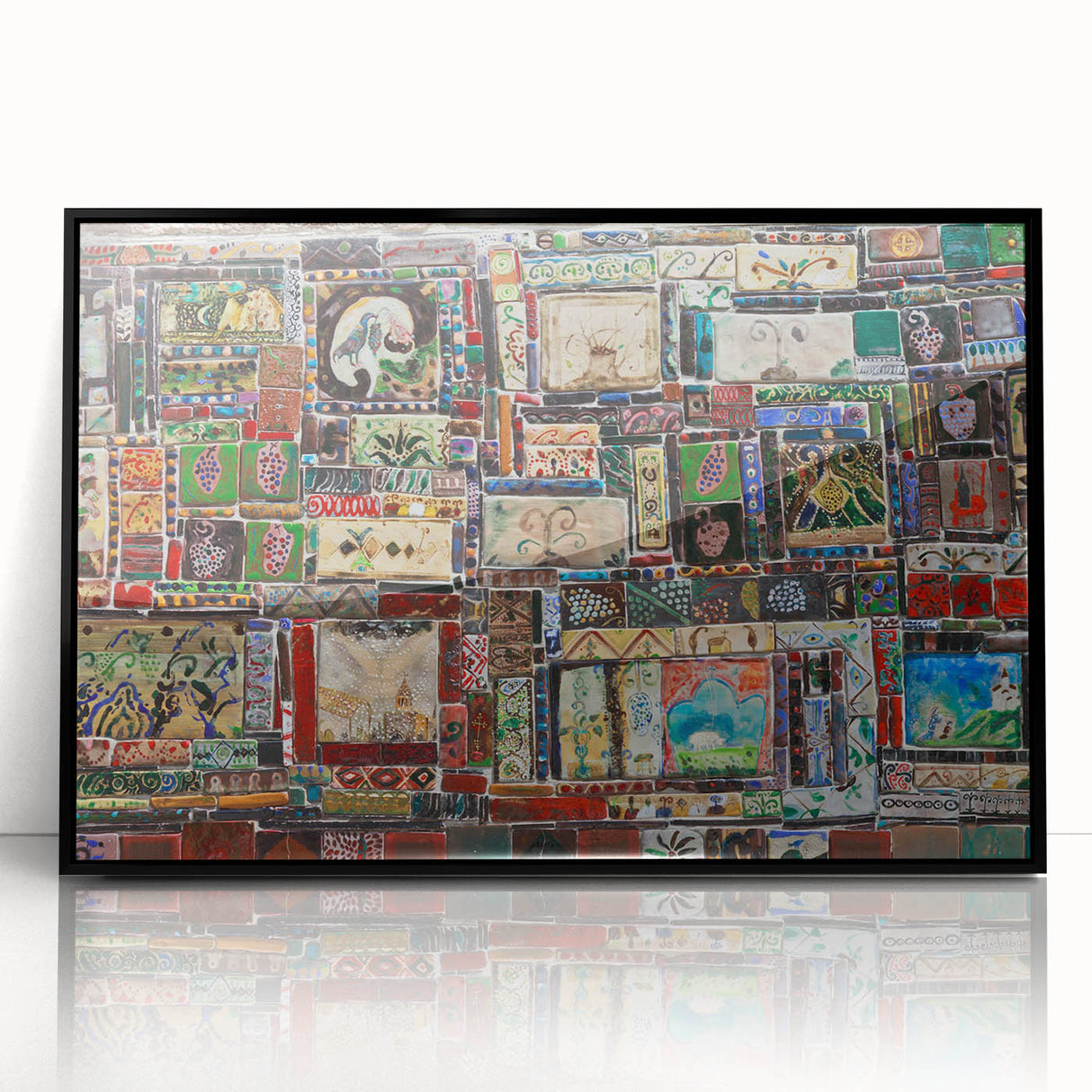 Large abstract wall art depicting a geometric landscape in earth tones on a black acrylic frame, suitable for modern decor.