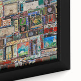 Close-up of a textured, extra large framed canvas depicting a colorful Asian-inspired scenery, ideal for living room decor.