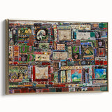 Framed canvas featuring a vintage-style landscape painting of Asian scenery in gold and black tones.