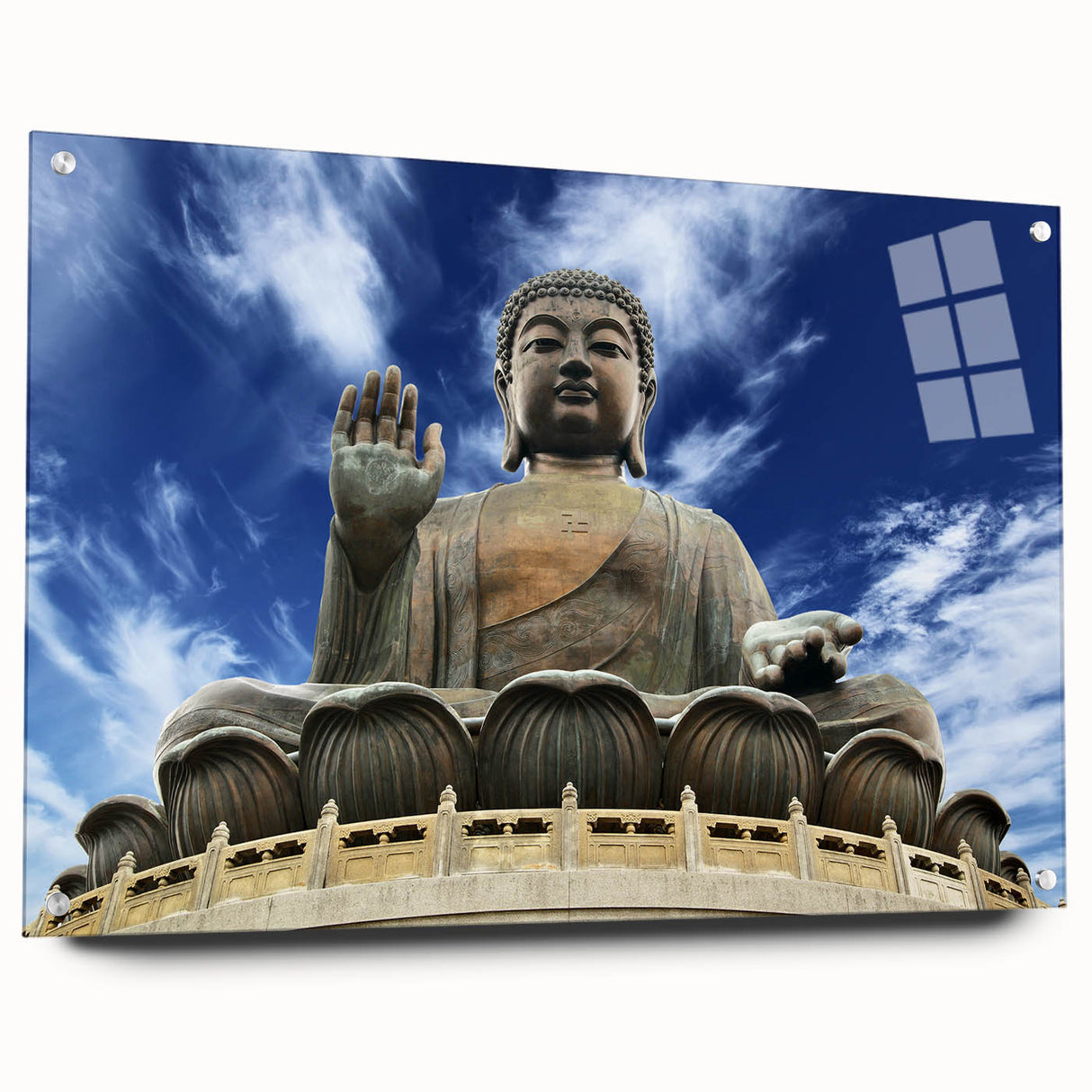Acrylic print of Hong Kong skyline in muted gray and blue tones, suitable for bedroom or dining room decor.