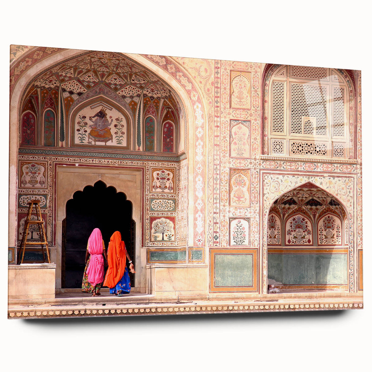 Large abstract wall art of an Asian Indian scenery in muted earth tones on acrylic glass.