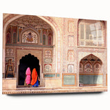 Large abstract wall art of an Asian Indian scenery in muted earth tones on acrylic glass.