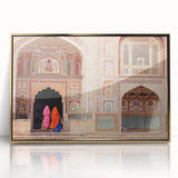 Acrylic print of an Asian Indian scenery in gold tones, framed, ideal for modern art wall decor.
