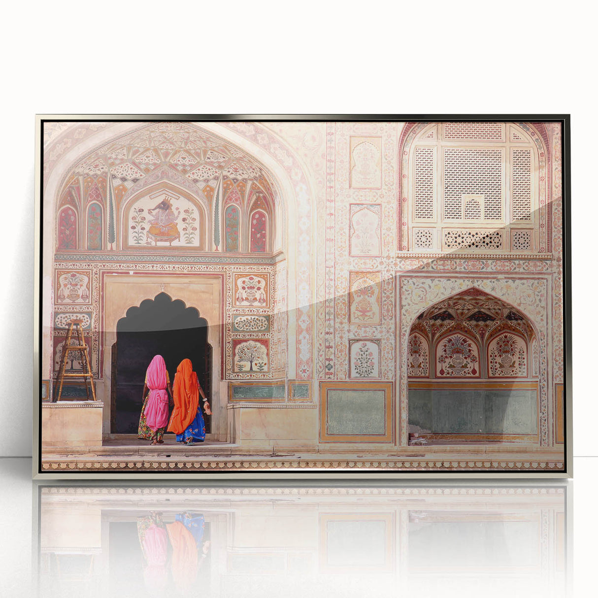 Mid-century modernist art depicting an Indian landscape in muted earth tones on a framed acrylic print.