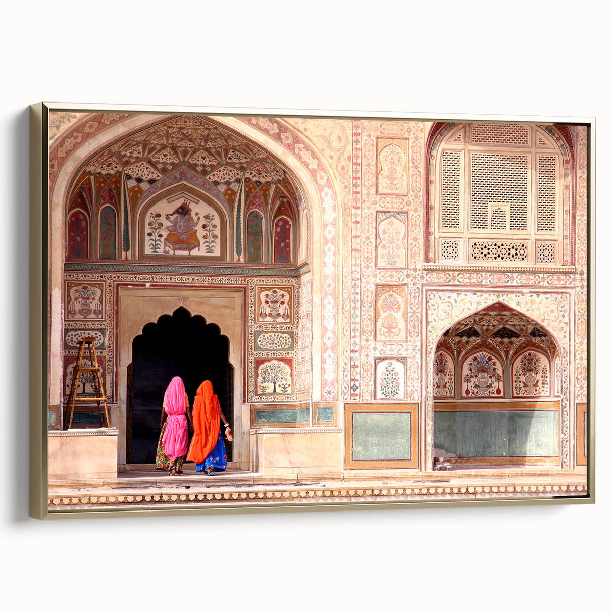 Framed canvas depicting a vintage-style Indian landscape in muted gold and black tones, ideal for bedroom wall decor.